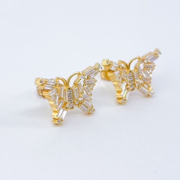 Vintage FZN Sterling Silver 925 Gold Tone Cubic Zirconia Butterfly Stud Earrings - Picture 4 of 6
